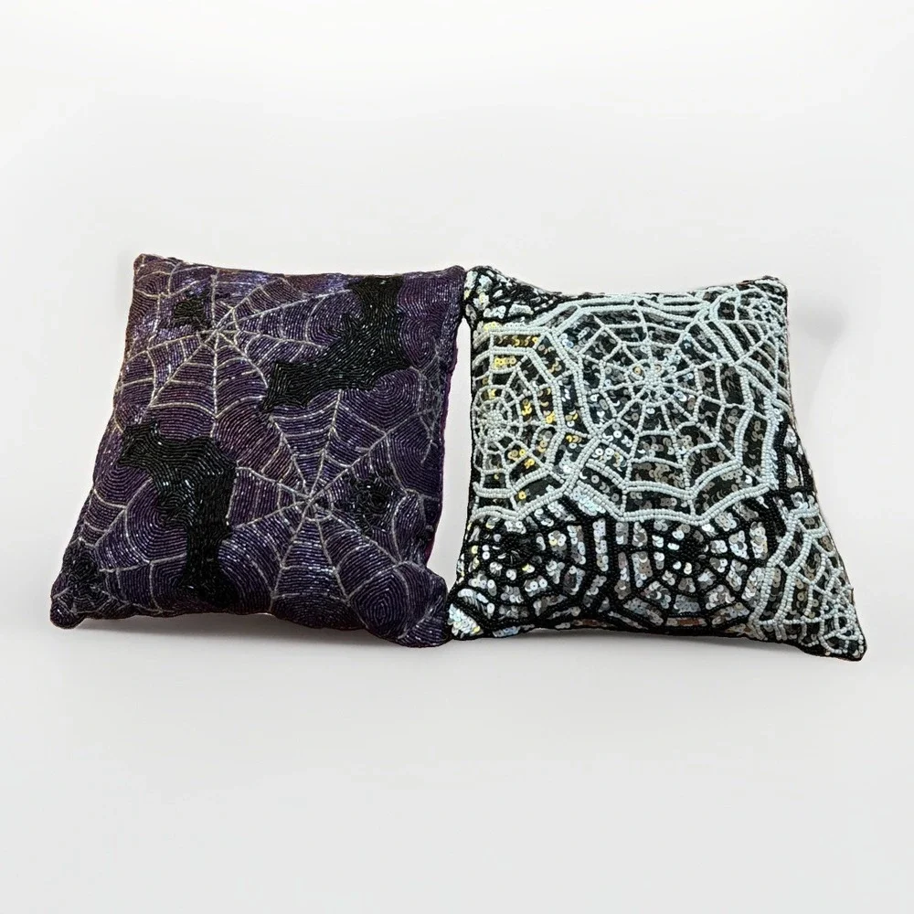 Halloween Bats Spiders Web Purple 10.5x10.5 Beaded Decorative Throw Pillows Two